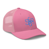 Heather/ Black trucker hat featuring Atomic Nucleus Blue Symbol Nuclear Power embroidered artwork, product image 7