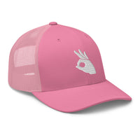 Heather/ Black trucker hat featuring Okay Sign Hand Gesture Symbol embroidered artwork, product image 7