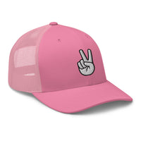 Heather/ Black trucker hat featuring The V Sign for Victory Hand Gesture embroidered artwork, product image 7