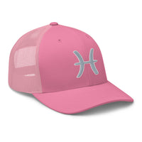 Heather/ Black trucker hat featuring Zodiac Sign Pisces embroidered artwork, product image 7