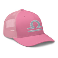 Heather/ Black trucker hat featuring Zodiac Sign Libra embroidered artwork, product image 7