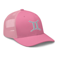Heather/ Black trucker hat featuring Zodiac Sign Gemini embroidered artwork, product image 7