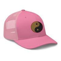 Heather/ Black trucker hat featuring Yin Yang Gold Chinese Symbol embroidered artwork, product image 7