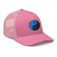 Heather/ Black trucker hat featuring Yin Yang Blue Chinese Symbol embroidered artwork, product image 7