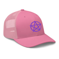 Heather/ Black trucker hat featuring Purple Witchcraft Woven Pentacle Pagan embroidered artwork, product image 7