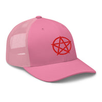 Heather/ Black trucker hat featuring Red Witchcraft Woven Pentacle Pagan embroidered artwork, product image 7