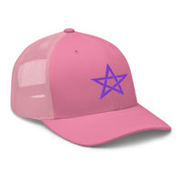 Heather/ Black trucker hat featuring Purple Wiccan Woven Pentagram Symbol embroidered artwork, product image 7