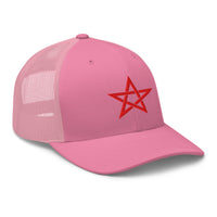 Heather/ Black trucker hat featuring Red Wiccan Woven Pentagram Symbol embroidered artwork, product image 7