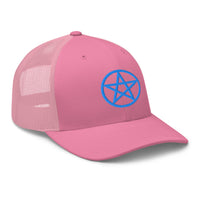 Heather/ Black trucker hat featuring Blue Wiccan Witchcraft Pentagram embroidered artwork, product image 7