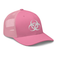 Heather/ Black trucker hat featuring White Bio Hazard Warning Sign embroidered artwork, product image 7