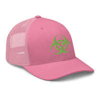 Heather/ Black trucker hat featuring Green Bio Hazard Symbol Warning Sign embroidered artwork, product image 7