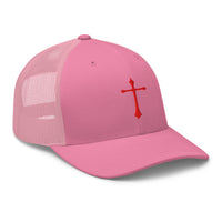 Heather/ Black trucker hat featuring Red Gothic Medeival Cross embroidered artwork, product image 7