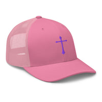 Heather/ Black trucker hat featuring Purple Gothic Medeival Cross embroidered artwork, product image 7