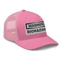 Heather/ Black trucker hat featuring White Warning Sign Bio Hazard embroidered artwork, product image 7