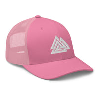 Heather/ Black trucker hat featuring White Viking The valknut Triangles of Power embroidered artwork, product image 7