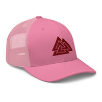 Heather/ Black trucker hat featuring Red Viking The valknut Triangles of Power embroidered artwork, product image 7