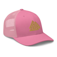 Heather/ Black trucker hat featuring Old Gold Viking The valknut Triangles of Power embroidered artwork, product image 7