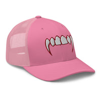 Heather/ Black trucker hat featuring Bloody Dracula Vampire Fangs embroidered artwork, product image 7