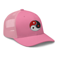 Heather Grey/White trucker hat featuring Triple Yin Yang Chinese Symbol embroidered artwork, product image 7