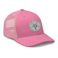 White trucker hat featuring White Baphomet Sigil embroidered artwork, product image 8
