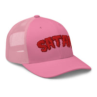 White trucker hat featuring Satan Blood Drip embroidered artwork, product image 8