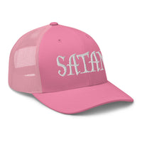White trucker hat featuring White Satan Pure Evil embroidered artwork, product image 8