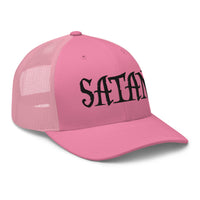White trucker hat featuring Black Satan Pure Evil embroidered artwork, product image 8