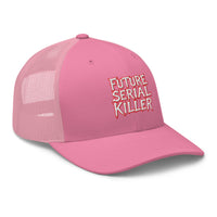 White trucker hat featuring Future Serial Killer embroidered artwork, product image 7