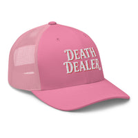 White trucker hat featuring Death Dealer embroidered artwork, product image 7