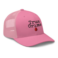 White trucker hat featuring True Crime Blood Drop embroidered artwork, product image 7