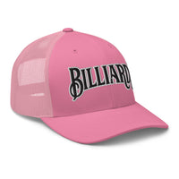 White trucker hat featuring Billiards Pool Hall embroidered artwork, product image 7