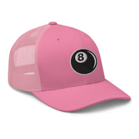 White trucker hat featuring Eight Ball Billiards embroidered artwork, product image 7