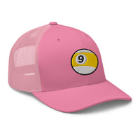 White trucker hat featuring Nine Ball Stripe Billiards embroidered artwork, product image 7