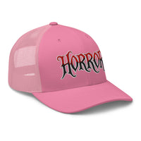 White trucker hat featuring HORROR embroidered artwork, product image 7