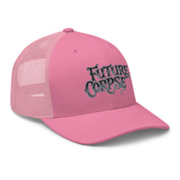 White trucker hat featuring Future Corpse Horror Funeral embroidered artwork, product image 7