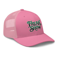 White trucker hat featuring Freak Show Horror Carnival embroidered artwork, product image 7