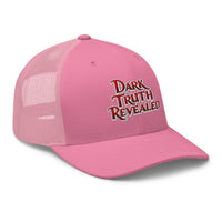 White trucker hat featuring Dark Truth Revealed True Crime embroidered artwork, product image 7