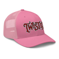 White trucker hat featuring Twisted Horror Carnival embroidered artwork, product image 7