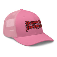 White trucker hat featuring Drawn to Darkness Horror embroidered artwork, product image 7