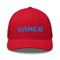 White trucker hat featuring 8 Bit Gamer Embroidered Retro embroidered artwork, product image 13