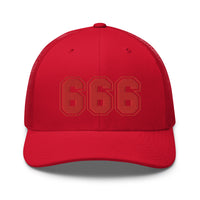 White trucker hat featuring Red 666 Number of the Beast Embroidered Retro embroidered artwork, product image 13