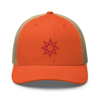 trucker hat featuring Red 8 Point Star Octagram Anu God Embroidered Retro embroidered artwork, product image 17