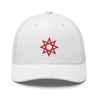 trucker hat featuring Red 8 Point Star Octagram Anu God Embroidered Retro embroidered artwork, product image 27