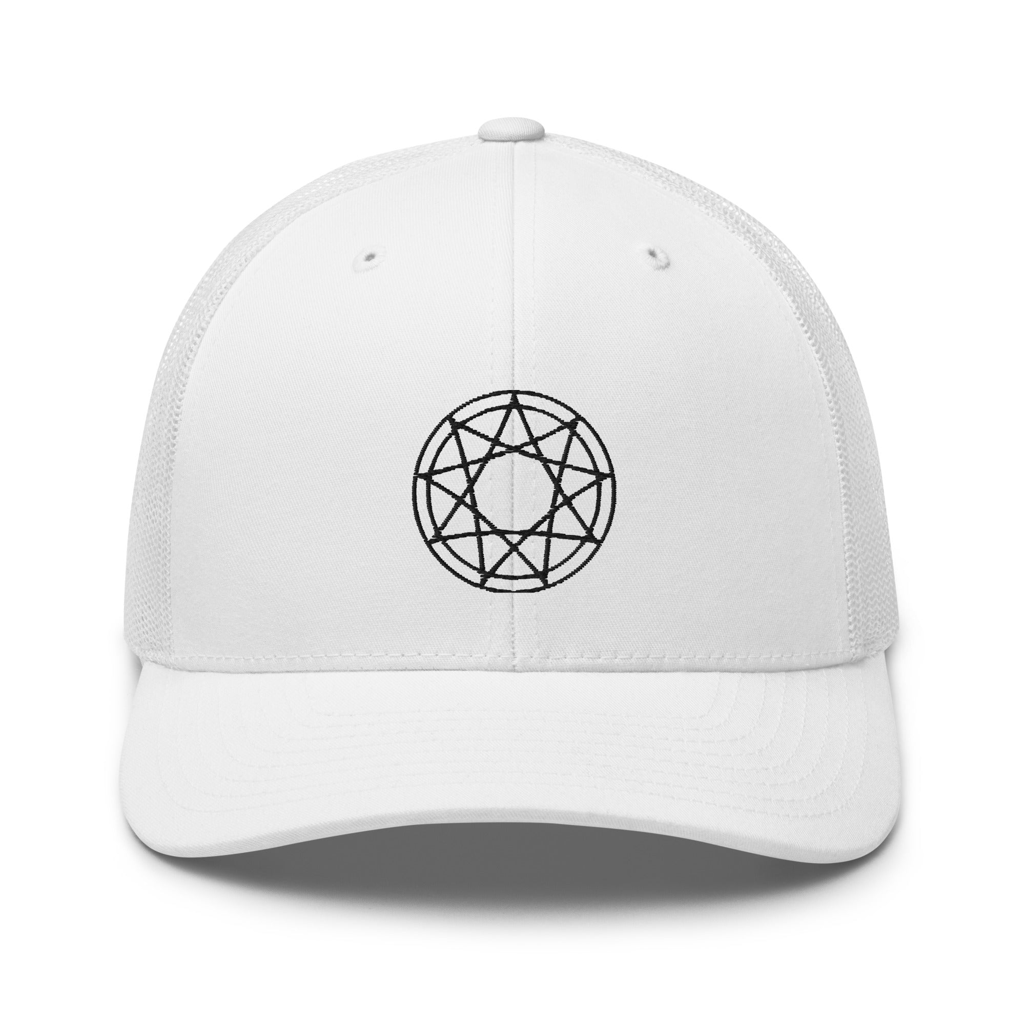 Black 9 Point Star Pentagram Occult Symbol Embroidered Retro Trucker Cap Snapback Hat