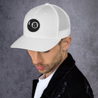 Black/ White trucker hat featuring Black 8 Ball Billiards embroidered artwork, product image 2
