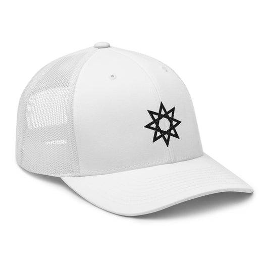Black trucker hat featuring Black 8 Point Star Octagram Anu God Embroidered Retro embroidered artwork, product image 1