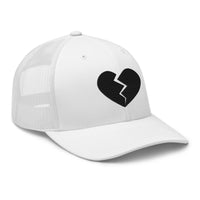 Black trucker hat featuring Black Broken Heart Valentines Day embroidered artwork, product image 1