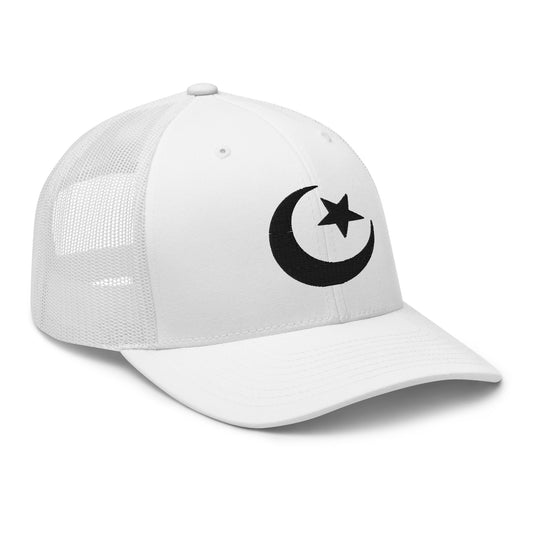 Black trucker hat featuring Star and Crescent Moon Black Ancient Symbol embroidered artwork, product image 1