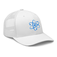 trucker hat featuring Atomic Nucleus Blue Symbol Nuclear Power embroidered artwork, product image 10