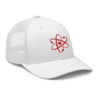 trucker hat featuring Atomic Nucleus Red Symbol Nuclear Power embroidered artwork, product image 10